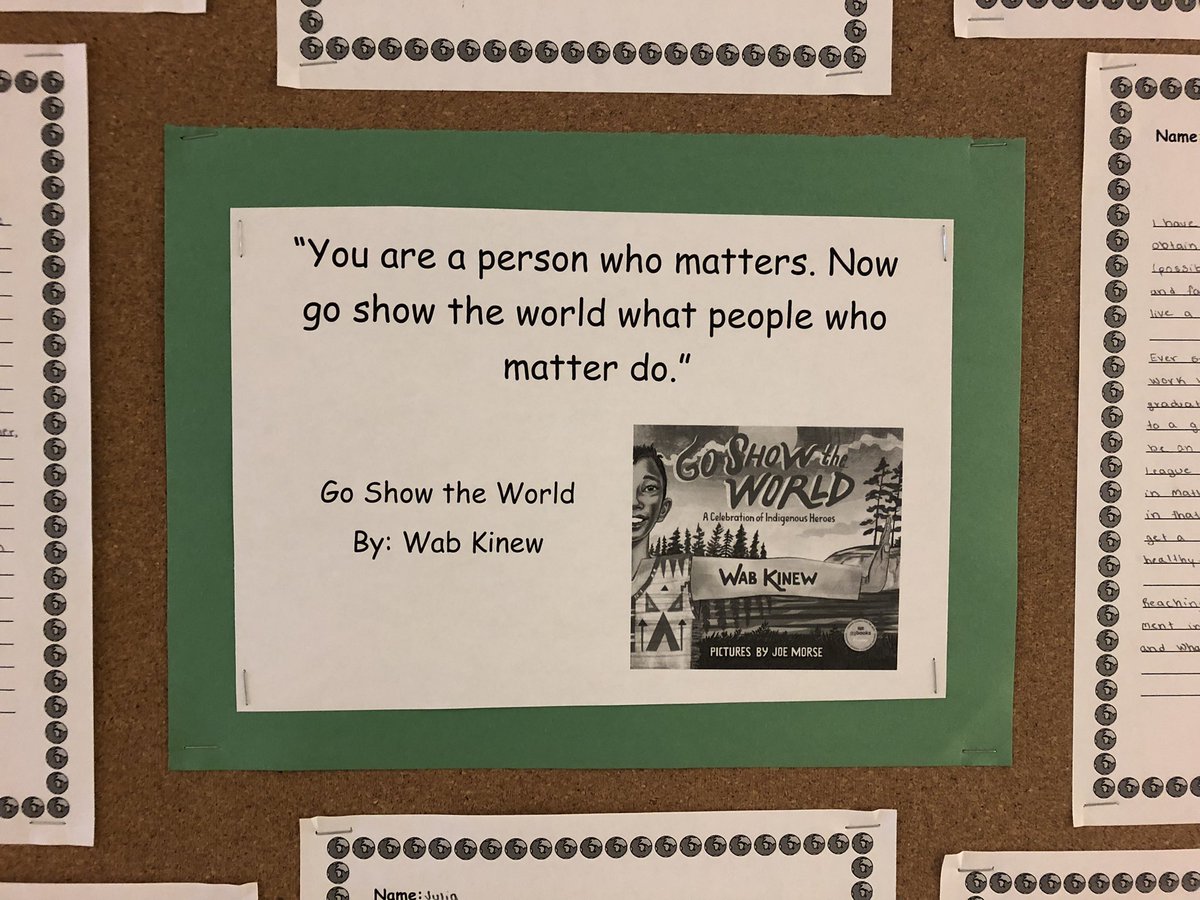 MissNotarandrea's tweet photo. Today for Catholic Education week grade 7/8 read “Go Show the World” by Wab Kinew. Students thought about this quote and wrote some of their dreams, aspirations and about people who inspire them to accomplish great things. #goshowtheworld #rediscover @sttcatholic https://t.co/BUzl6vVpdY