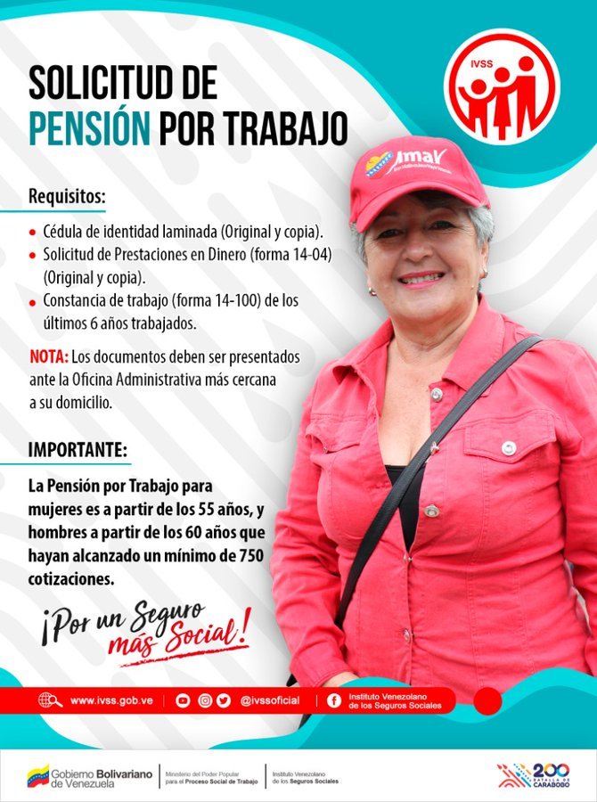 ¿Conoces los requisitos para solicitar tu pensión por trabajo? Consúltalos aquí y acude a la Oficina Administrativa más cercana a tu domicilio. ¡En el IVSS trabajamos para ti! #PorUnSeguroMásSocial @MagaGutierrezV @NicolasMaduro