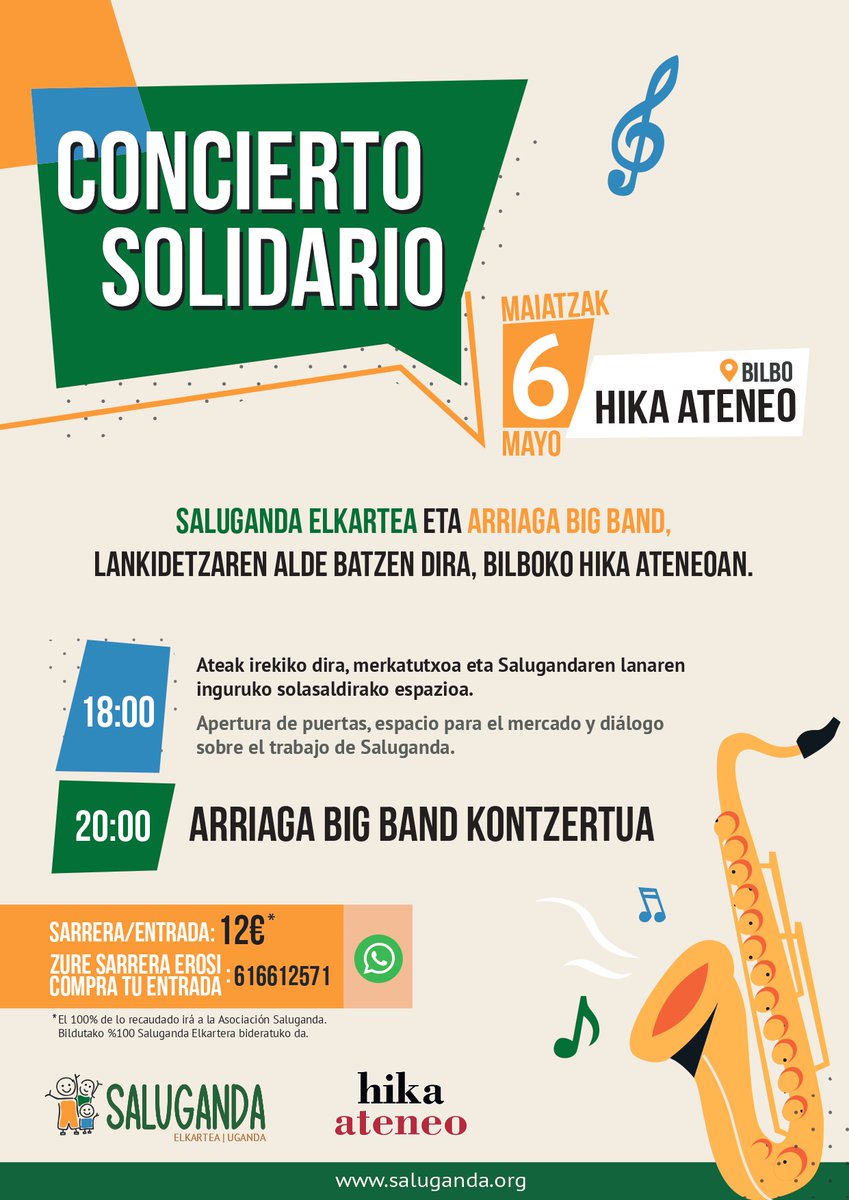 Concierto solidario Saluganda Elkartea de la mano de la Arriaga Big Band para celebrar nuestro 10º Aniversario!! 
📅 Viernes, 6 de mayo
 📍<a href="/hikaateneo/">Hika Ateneo</a> (Bilbao)
🎟️ Reservas: 616612571 (whatsapp)
El 100% de lo recaudado irá dirigido a los proyectos de la asociación.  ¡Animaos! 🥳🎷