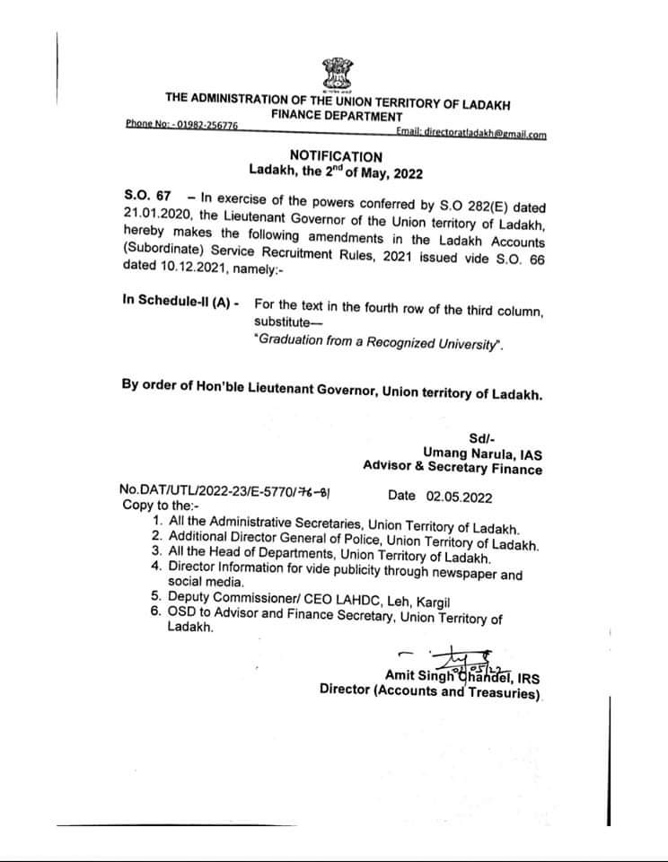 I would like to deeply thank <a href="/ut_ladakh/">Union Territory of Ladakh</a> for making Humanities graduates also eligible for the post of Accounts assistant, this gives equal opportunity to all the aspirants of Ladakh!
<a href="/lg_ladakh/">LG Ladakh</a> 
@ShriNarula
