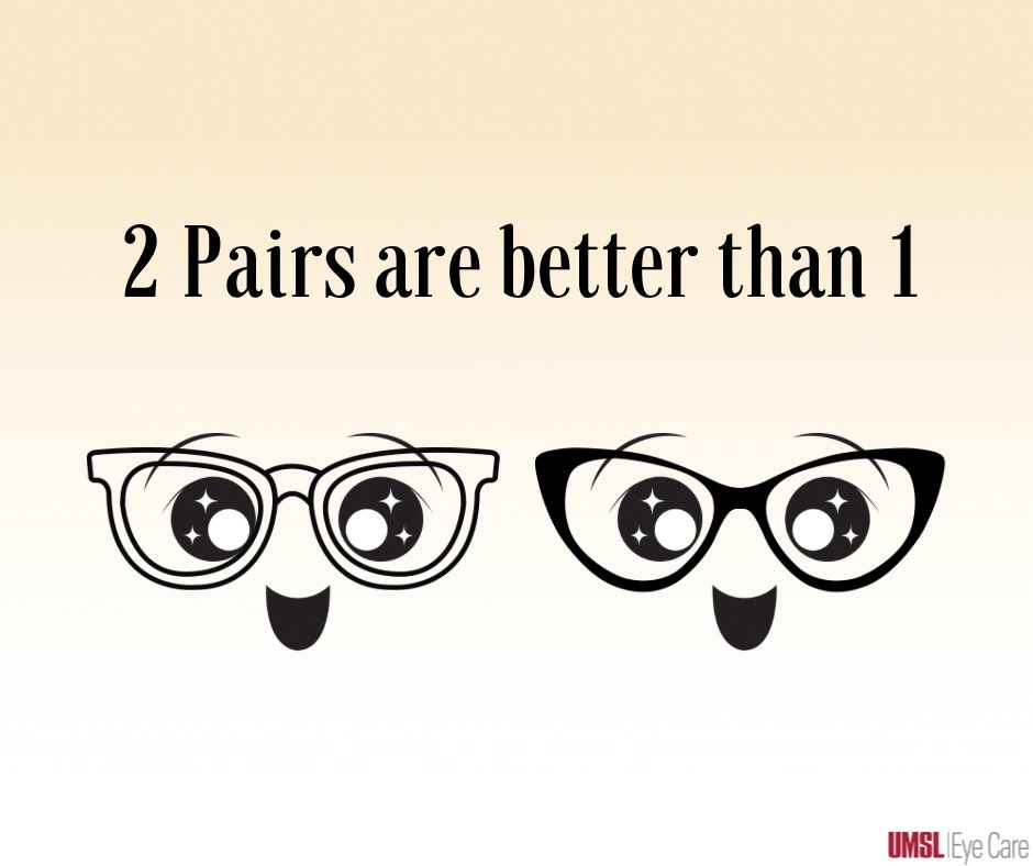 UMSLEyeCare's tweet photo. Do you like options? Well lucky for you, you can receive 20% off when you purchase an additional pair of glasses! Make sure your pair has a friend 🤓🥸 https://t.co/ptZHPQcL8u