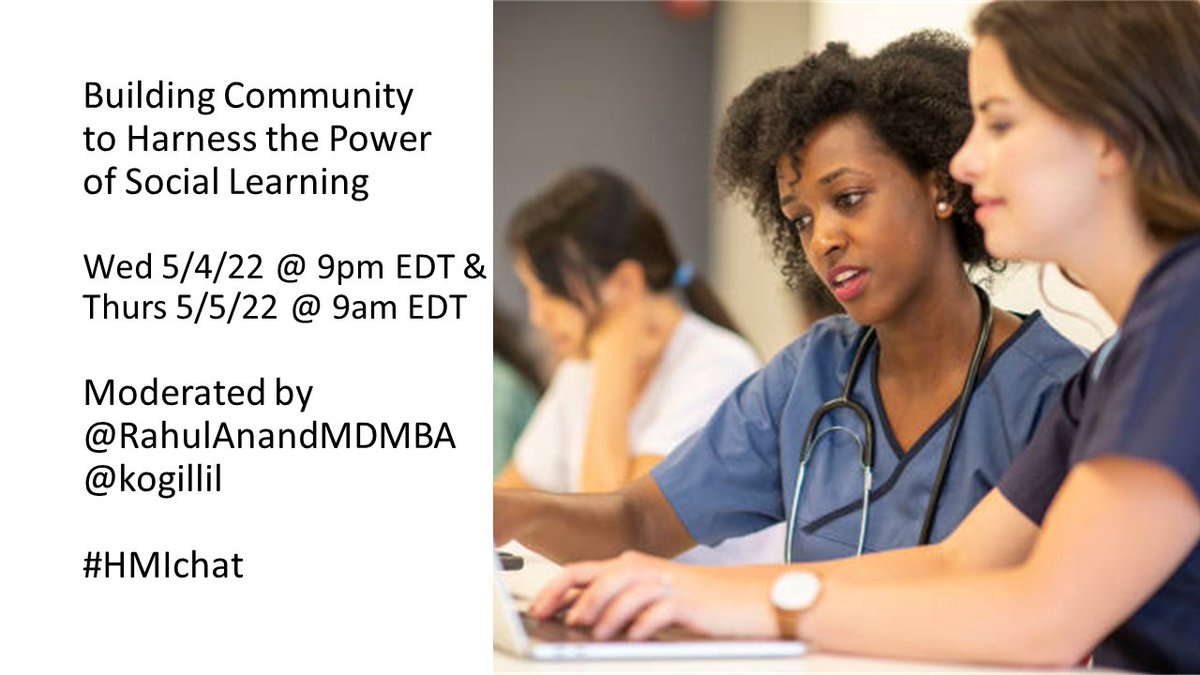Please join our next #HMIchat starting Weds, May 4th 9pm EDT!

"Building Community in #MedEd" with moderators <a href="/kogillil/">Kurt Gilliland, PhD</a> &amp; <a href="/RahulAnandMDMBA/">Rahul Anand</a>!

#MedTwitter <a href="/afornari1/">Alice Fornari EdD FAMEE RDN H-HEC ICF</a> <a href="/LoewenthalMd/">Julia Loewenthal, MD</a> @matt_rustici <a href="/MollieBiewaldMD/">Mollie Biewald</a> <a href="/neurologyasart/">Wendy Stewart MD,MMEd,PhD,FRCPC</a> <a href="/erhall1/">Elissa Hall, EdD</a> <a href="/vanessaweisbrod/">Vanessa M. Weisbrod</a>

bit.ly/2zQM4kA
