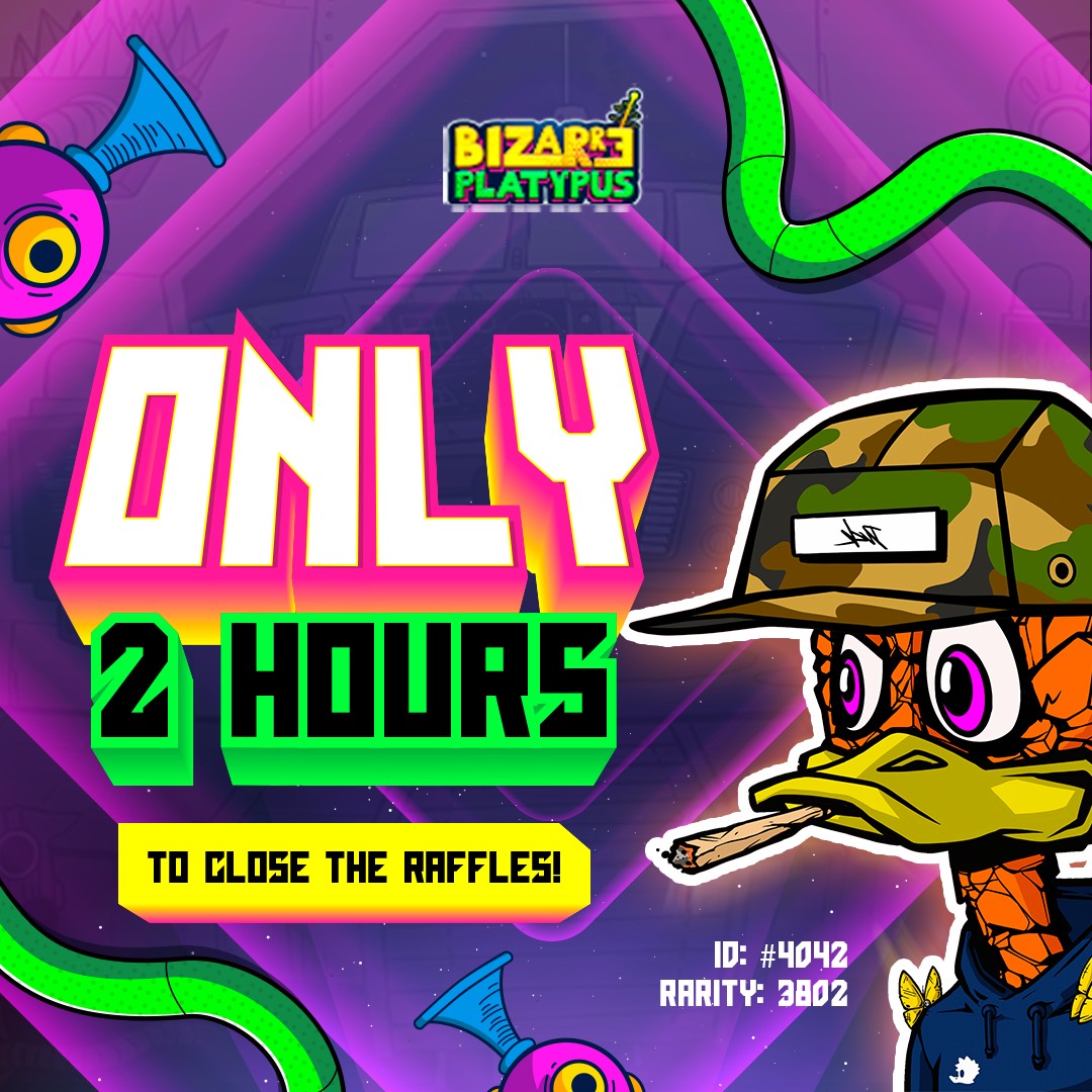 BizarrePlatypus's tweet photo. Platypus Gang ๐ธ
JUST 2 HOURS to close raffles๐ฅ, GO GO GO, donยดt miss out!๐
#BizarreNFT #NFTs #Solana #DazedDucks https://t.co/5l3Cqaovhx