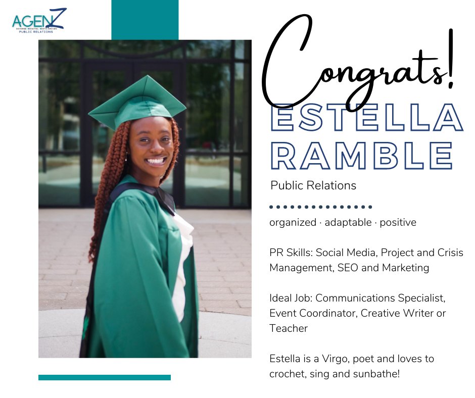 AGENZ #PR: 🥳 @Estella_ramble you did it! 🎓 As a Senior Account Manager for our client, @MaybornUNT, she helped create the podcast, Mayborn Mayhem, and plan #CelebrateMayborn. CONGRATULATIONS! 🎉 We can't wait to celebrate you and the rest of our grads! 👏

#UNT #publicrelations
