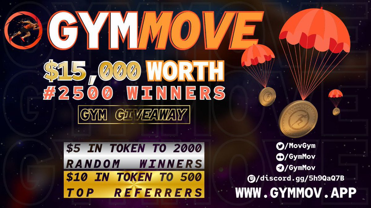 Airdrop BlogSpot (@airdropblgspot) on Twitter photo #Airdrop: GYMMove (GYM)
Prize Pool: $15,000 in GYM
Reward: $5 in GYM - 2K random
Referral: $10 in GYM - top 500
Winners: 2k random + top 500
Airdrop Link: t.me/GYMMoveAirdrop…
- Follow <a href="/MovGym/">GYM | Move2Earn</a>
- Distribution date: May 25, 2022
Website: gymmov.app #Airdrop: GYMMove (GYM)
Prize Pool: $15,000 in GYM
Reward: $5 in GYM - 2K random
Referral: $10 in GYM - top 500
Winners: 2k random + top 500
Airdrop Link: t.me/GYMMoveAirdrop…
- Follow <a href="/MovGym/">GYM | Move2Earn</a>
- Distribution date: May 25, 2022
Website: gymmov.app