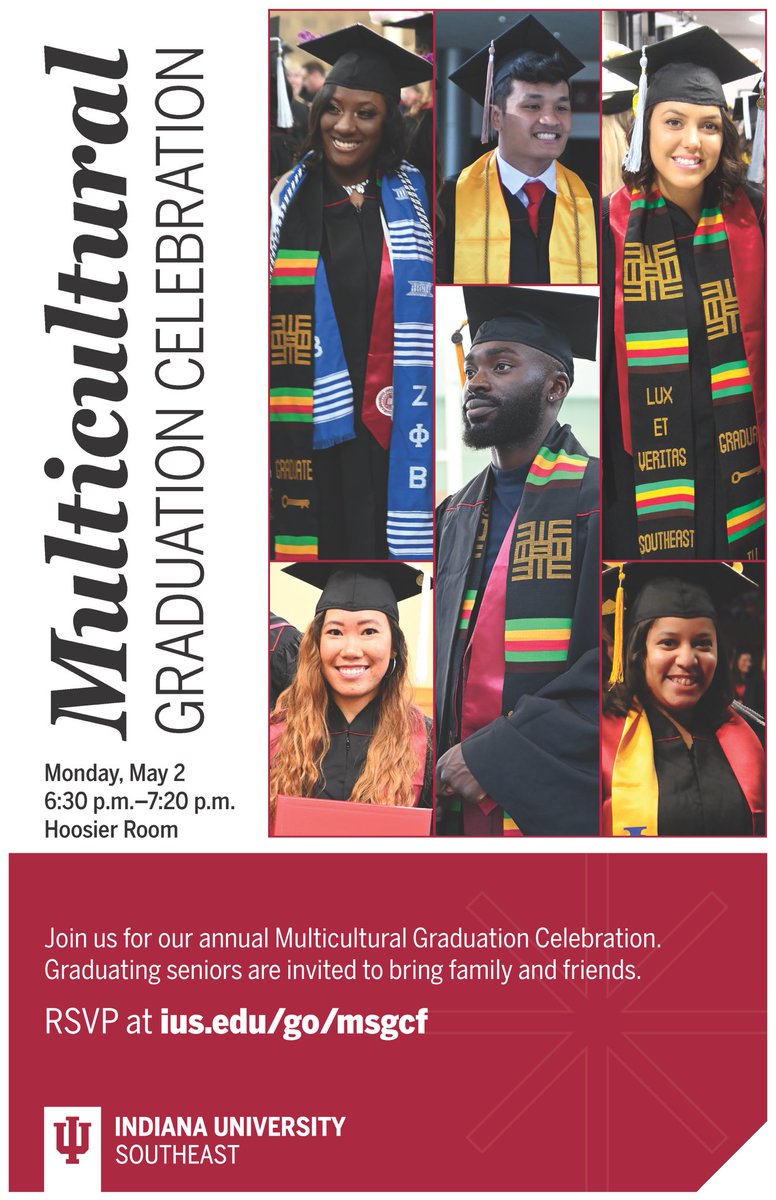 Join <a href="/IUSoutheast/">IU Southeast</a> to celebrate our multicultural graduates today from 6:30-7:20 in the Hoosier Room!🎓🎓