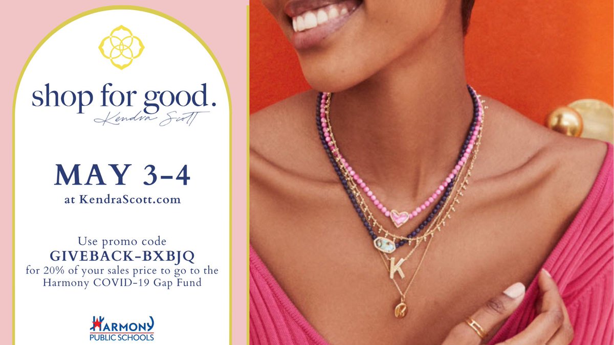 Our <a href="/KendraScott/">kendrascott</a> "Shop for Good" fundraiser BEGINS TOMORROW! 

Shop online at KendraScott.com using promo code GIVEBACK-BXBJQ or in select stores to have 20% of your purchase go to help Harmony students. 

For a list of stores, visit harmonytx.org/ksevent.