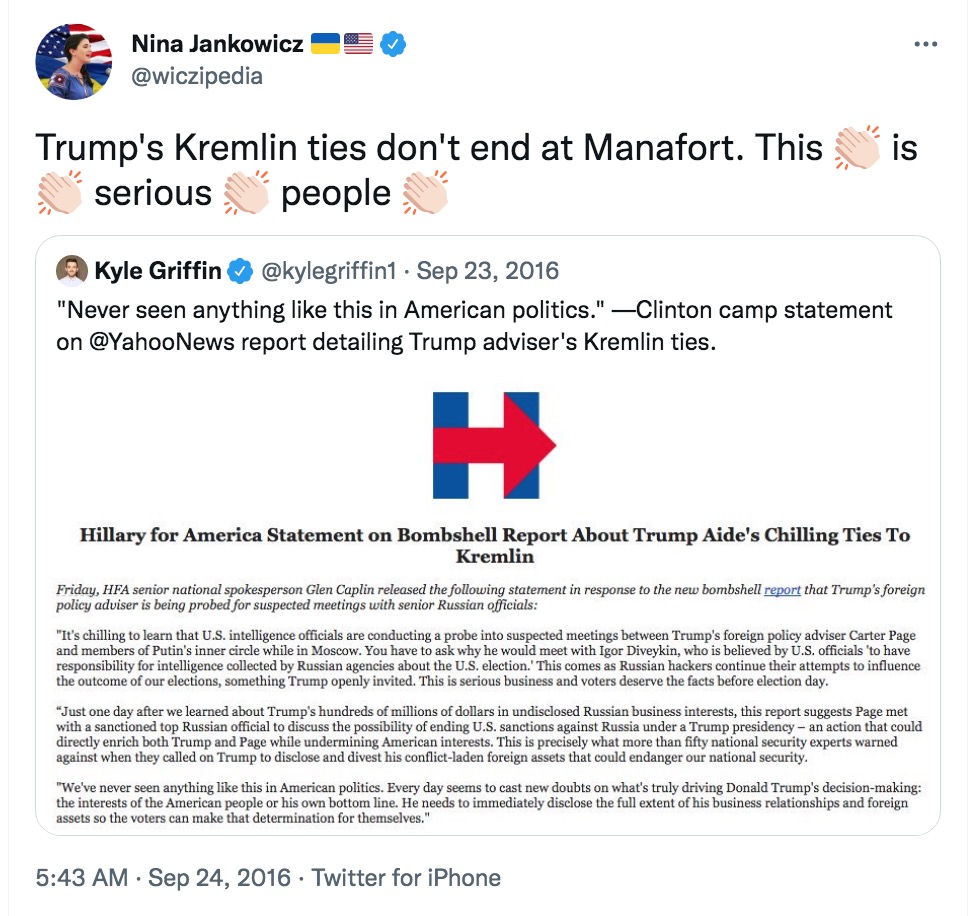ChuckRossDC's tweet photo. Jankowicz talks a lot about "disinformation laundering." Well this is about the best example you could find. 

She touted a statement from the Clinton campaign about a since-debunked news story about Carter Page that was planted by Clinton operatives Fusion GPS and Chris Steele https://t.co/CxlLNCKQys