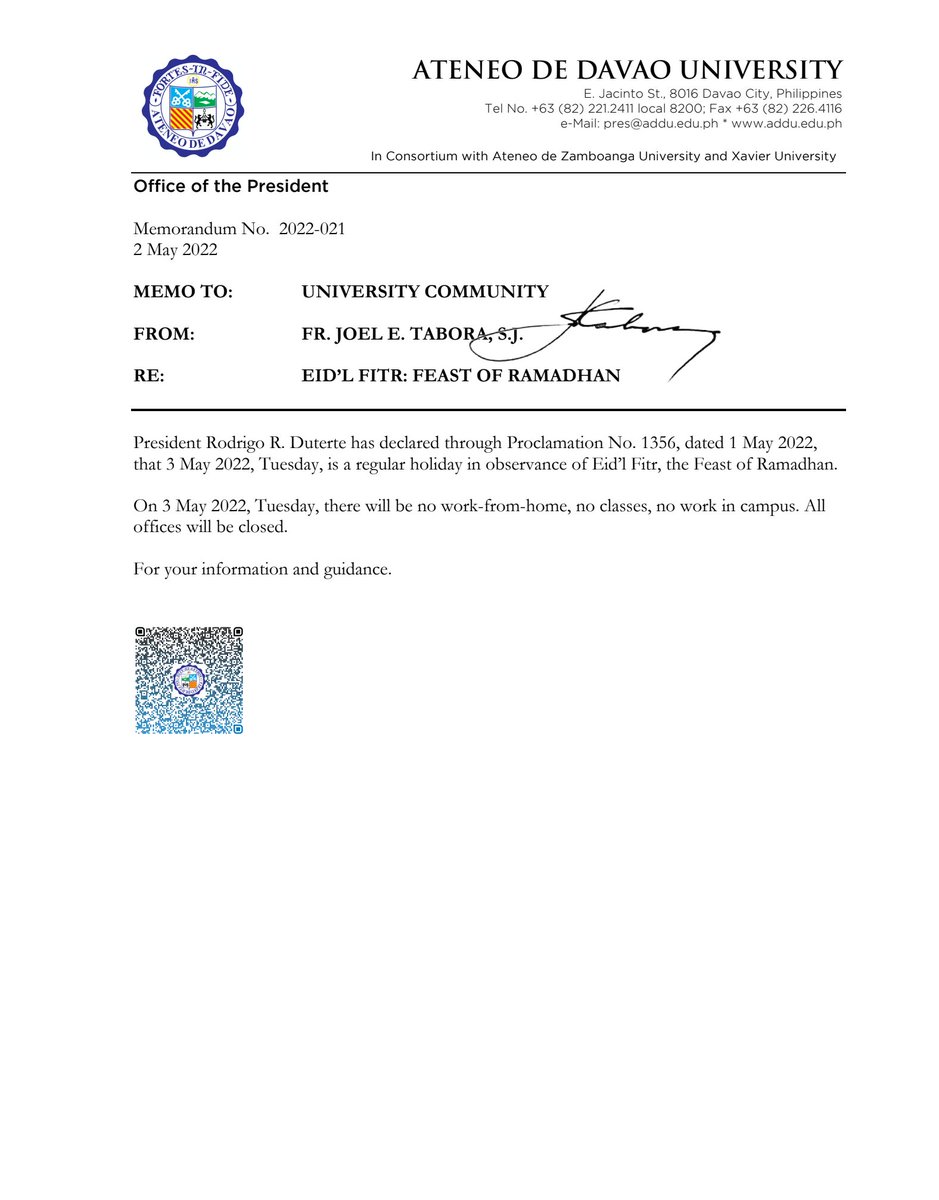 ADDU_Official's tweet photo. UNIV MEMO | EID'L FITR: FEAST OF RAMADHAN

On May 3, 2022, Tuesday, there will be no work from home, no classes, and no work on campus. All offices will be closed in observance of Eid'l Fitr, the Feast of Ramadhan. https://t.co/em0XdNGBMN