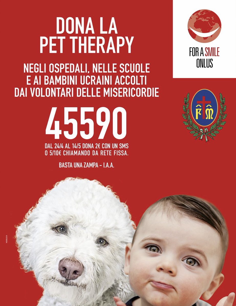 Al via la campagna con SMS SOLIDALE 45590 attivo dal 24 aprile al 14 maggio 2022 per sostenere il progetto «BASTA UNA ZAMPA» che porta la Pet Therapy in ospedali, scuole e ai piccoli profughi ucraini portati in salvo dai volontari della Confederazione Nazionale delle Misericordie