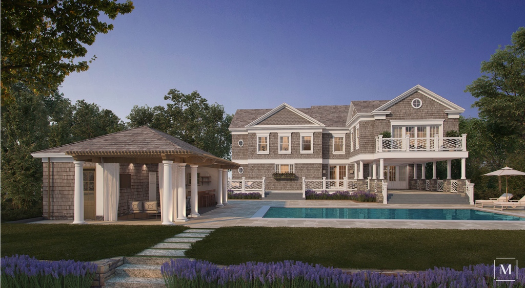 An outdoor area with plenty of entertainment space; a veranda for grilling and dining, a pool cabana for relaxing and sipping cocktails, and for the ambitious, a full-size basketball court and volleyball court to the rear.