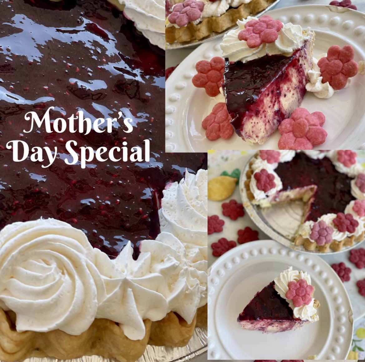 Last call! Have you placed your Mother’s Day pre-order? Try our Sunshine Lemon Pie drizzled with our homemade Raspberry Glaze.  We will be open regular store hours (Tues-Fri) AND Sat, May 7th 11-6pm! You must preorder this pie. Hope to see you this week!