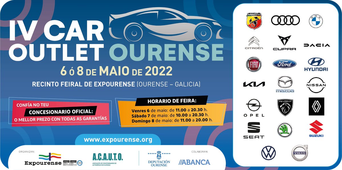EXPOURENSE's tweet image. @EXPOURENSE  acolle o 4º #CarOutletOurense entre o 6 e o 8 de maio con 400 oportunidades de atopar coche
Organizado por Expourense e #ACAUTO coa colaboración da @DeputacionOU E @SomosABANCA , conta coa participación de 14 concesionarios oficiais 
expourense.org/expourense-aco…