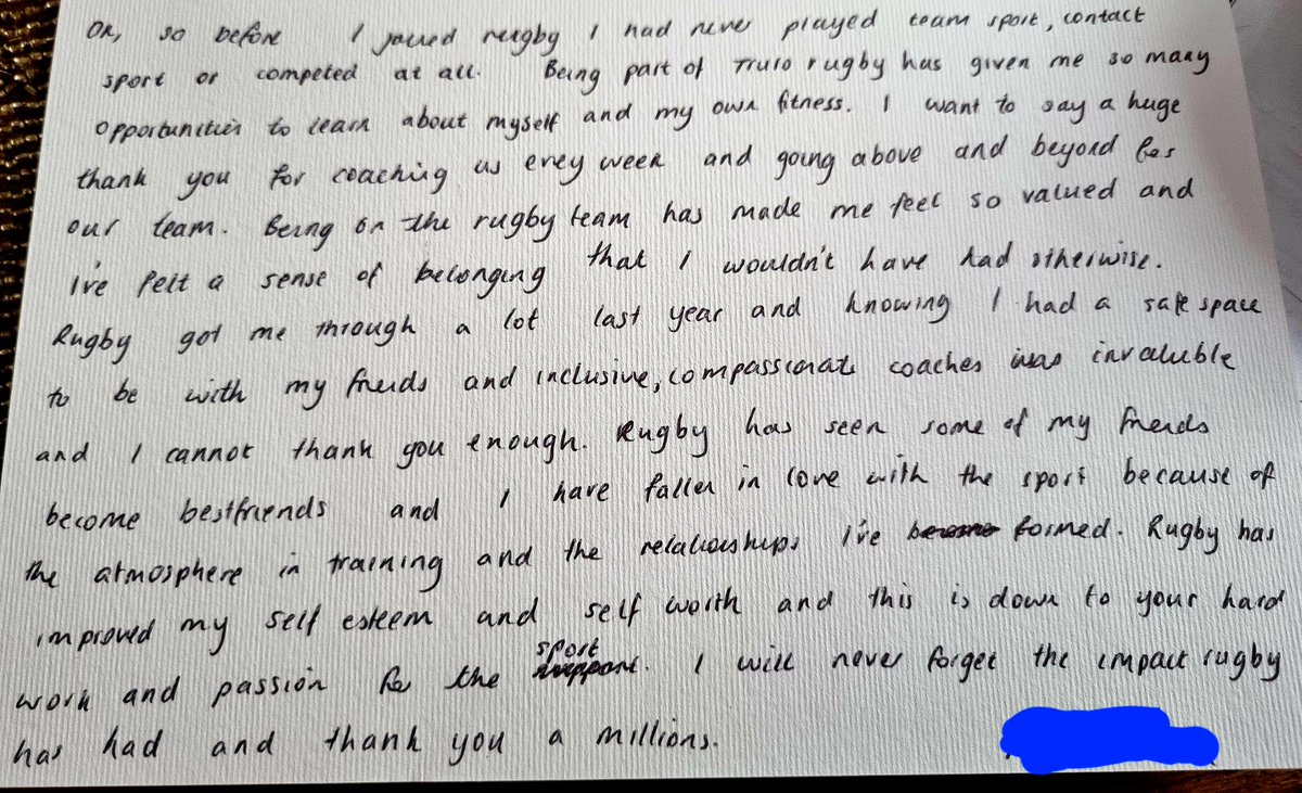 It's getting a little misty in here..

This letter of thanks to the coaches from one of our <a href="/TruroRFC/">Truro RFC</a> Tigresses who has aged out and moved on is really something special.
<a href="/GirlsRugbyClub/">Girls Rugby Club</a>
<a href="/RachaelBurf12/">Rachael Burford</a> <a href="/ScrumQueens/">Scrumqueens - Women’s Rugby</a> <a href="/SquidgeRugby/">Squidge Rugby</a> <a href="/podwomensrugby/">Women’s Rugby Pod</a> 
#thisgirlcan