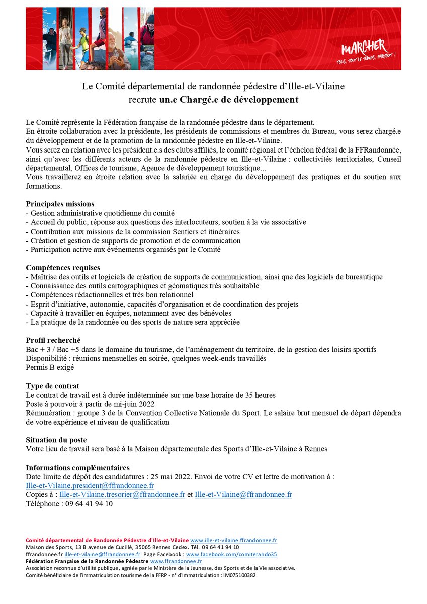 cdos35's tweet photo. 📣OFFRE D'EMPLOI📣

🚶‍♀️Le Comité départemental de randonnée pédestre d'Ille-et-Vilaine recrute un.e Chargé.e de développement !!

🔽Tous les détails ci-dessous https://t.co/iGaRDfUFH8