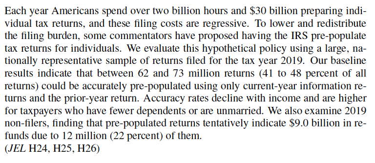 Lucas Goodman 🏳️🌈 (@goodmanl) on Twitter photo New working paper alert!
"Automatic Tax Filing: Simulating a Pre-Populated Form 1040."
Joint with Andy Whitten (<a href="/rawecon/">Andrew Whitten | @whitten@mas.to</a>), Katie Lim, Bruce Sacerdote.
nber.org/papers/w30008.
Short thread follows.
(All opinions in paper + thread are ours and not those of our employers.) New working paper alert!
"Automatic Tax Filing: Simulating a Pre-Populated Form 1040."
Joint with Andy Whitten (<a href="/rawecon/">Andrew Whitten | @whitten@mas.to</a>), Katie Lim, Bruce Sacerdote.
nber.org/papers/w30008.
Short thread follows.
(All opinions in paper + thread are ours and not those of our employers.)