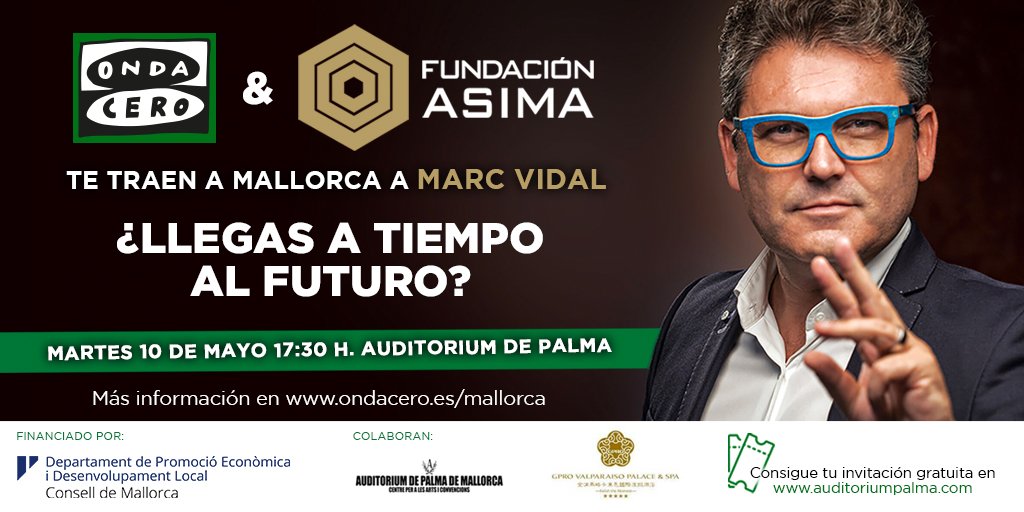 Hay ganas de escuchar a <a href="/marcvidal/">MΛRC VIDΛL</a> El martes 10 de mayo a las 17.30 en <a href="/auditoriumpalma/">Auditorium de Palma</a> en un evento organizado por <a href="/OCRMallorca/">Onda Cero Mallorca</a> y <a href="/FundacionAsima/">FUNDACION ASIMA</a> Con la financiación de @PEiDL_mallorca y la colaboración de <a href="/ValparaisoHotel/">ValparaísoHotel</a> 

Invitaciones gratuitas ya en auditoriumpalma.com