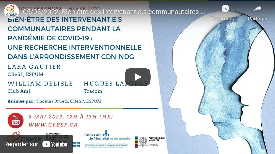 Fondation du Grand Montréal (@fgmontreal) on Twitter photo Ce jeudi 5 mai, le <a href="/cresp_sante/">CReSP - Centre de recherche en santé publique</a> vous convie à une discussion sur une recherche menée dans <a href="/CDN_NDG/">Arr. de CDN-NDG</a> et portant sur le bien-être des intervenant·e·s communautaires pendant la pandémie : bit.ly/3OElJLA Cette étude a été soutenue par le <a href="/QcCovid/">Réseau Québécois COVID-Pandémie</a> et la <a href="/fgmontreal/">Fondation du Grand Montréal</a>. #FGMtl Ce jeudi 5 mai, le <a href="/cresp_sante/">CReSP - Centre de recherche en santé publique</a> vous convie à une discussion sur une recherche menée dans <a href="/CDN_NDG/">Arr. de CDN-NDG</a> et portant sur le bien-être des intervenant·e·s communautaires pendant la pandémie : bit.ly/3OElJLA Cette étude a été soutenue par le <a href="/QcCovid/">Réseau Québécois COVID-Pandémie</a> et la <a href="/fgmontreal/">Fondation du Grand Montréal</a>. #FGMtl
