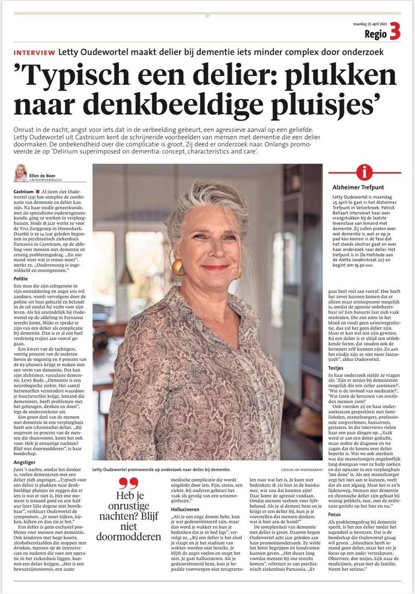 Op maandag 25 april was Letty Oudewortel te gast in het #alzheimertrefpunt. Zij is recent gepromoveerd op het onderwerp: delier bij dementie. Voorafgaand aan het Trefpunt was zij geïnterviewd door Dagblad Kennemerland. #dementie #alzheimer #delierbijdementie
