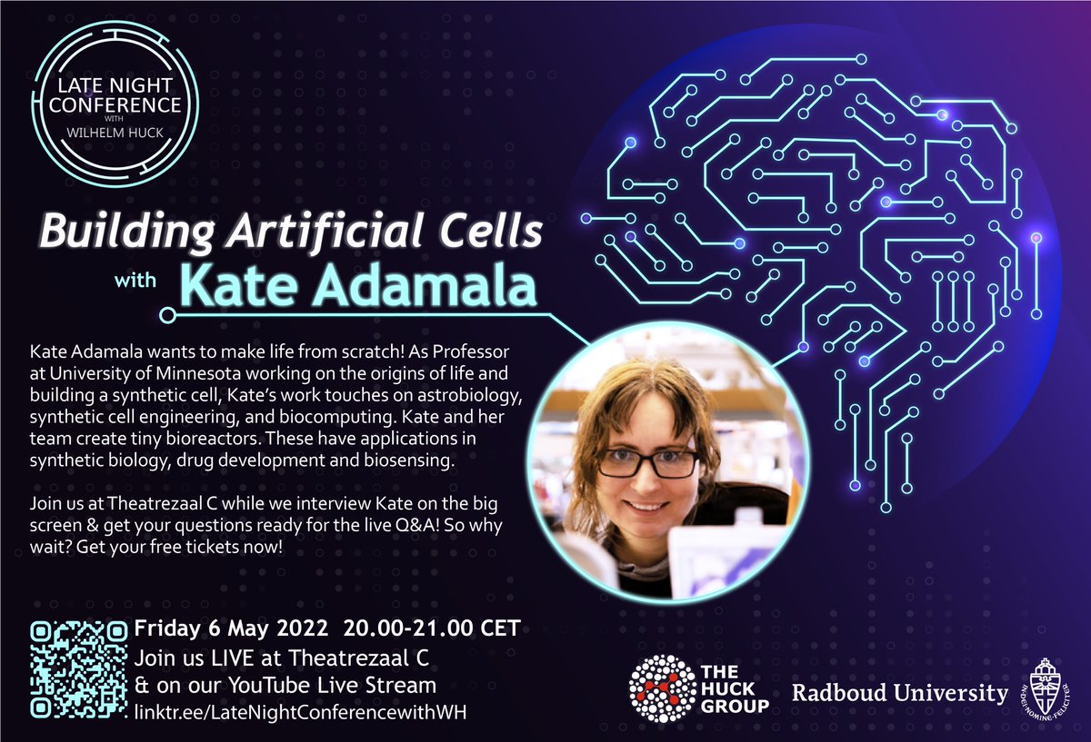 Huckgroup's tweet image. We are excited to announce that @KateAdamala from @UMNews is our next speaker at the Late Night Conference! This Friday 6th May, 20h00 CET Kate will tell us all about building #ArtificialCells! Join us at Theatrezaal C or watch the LIVE YouTube stream here linktr.ee/LateNightConfe…