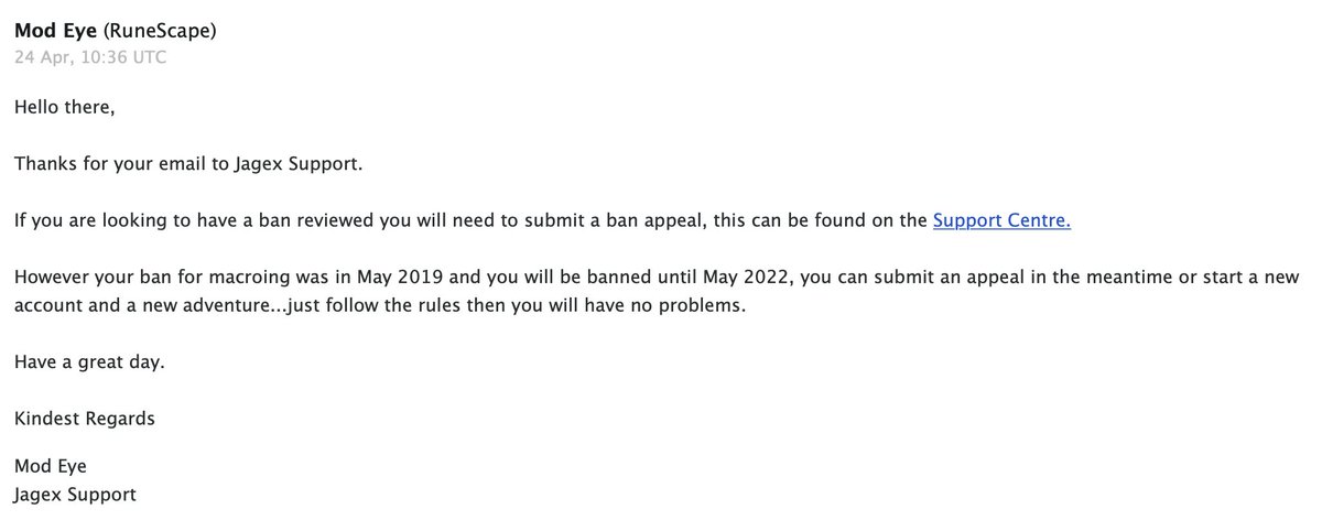 L0lf2p's tweet photo. @JagexHelpL0ne @JagexHelpSamo @JagexSupport Hi there. In April 2020 I contact Jagex Support about a ban on my account "Sad Stache". I got a response saying my account will be banned until May 2022. Is this still the case and can it be looked into?  Thanks and all the best. https://t.co/i1Zitjxfi2