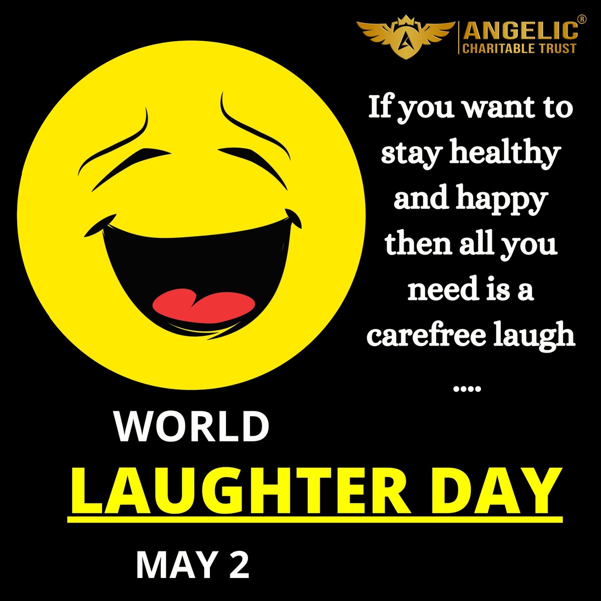 Angeliccharityt's tweet photo. #worldlaughterday 
If you want to stay healthy and happy then all you need is a carefree laugh .... Angelic charitable trust wishes you happy #worldlaughterday .
Laughter is best medicine...!
#besmile #behappy 
#Angelic
#ANGELICCHARITABLETRUST
#worldlaugh #laugh #laughing https://t.co/oJAsGiwIG1