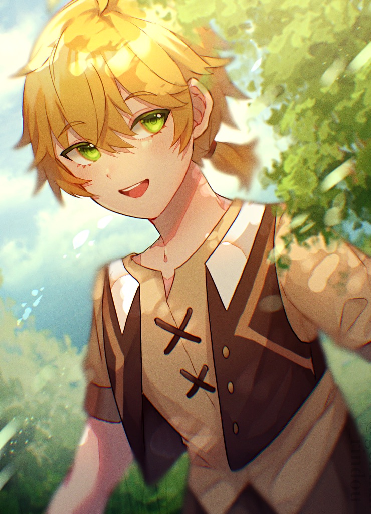 1boy male focus blonde hair green eyes solo open mouth outdoors  illustration images