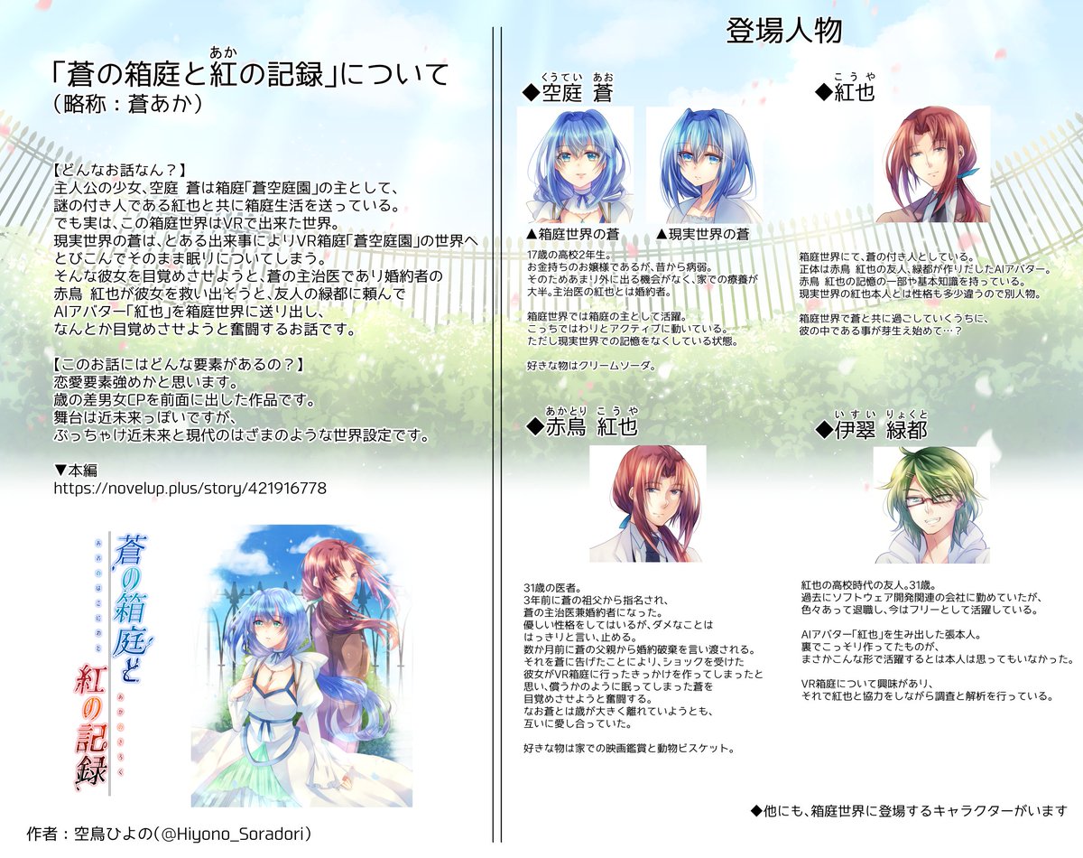 空鳥ひよの 9 17 ヘパチョナ31 キャラメル1a 10 23 文フリ福岡 い 23 最近できた創作作品 蒼の 箱庭と紅 あか の記録 について紹介画像を作ってみました 全13話で完結済みです 秋に文庫版を頒布予定 31歳の医者と17歳の少女という歳の差男女