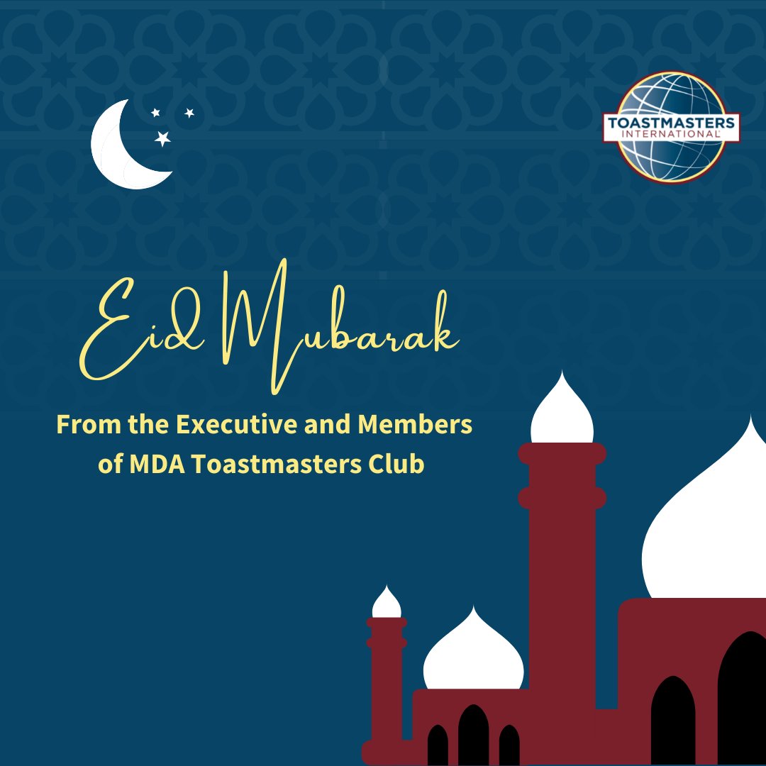 MdaToastmasters's tweet photo. On behalf of the Executive and Members of MDA Toastmasters we would like to extend Eid Mubarak greets to the Muslim community and Trinidad and Tobago.

May Allah continue to bless us all.

#EidMubarak #Eid #EidGreetings #Blessings #TrinidadandTobago https://t.co/AeoEamFMkY
