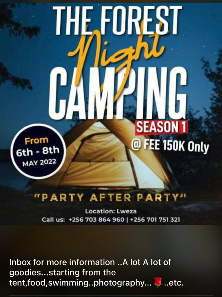 Team MK contact me for a forest camping night . on 7th after our party ffena tugwera Ku forest resort @IvanMuganga5 @NagiraPeace @IvanMuganga4 @dannyEACitizen @gabinika01 @shaffsebunya @RaishaBarbie01 @NayebaleDavid