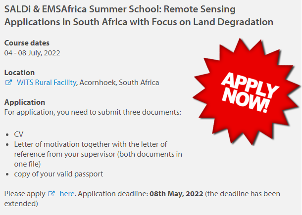 Want to explore the capabilities of #remotesensing for savanna ecosystem research? 🛰️🌴

Register here: bit.ly/3vqKItY

for the <a href="/SALDi_FSU/">SALDi</a>|<a href="/EMSAfrica/">EMSAfrica project</a> summer school (till 8th May) and join us in South Africa in 07/2022. Travel and accomodation funding will be available!