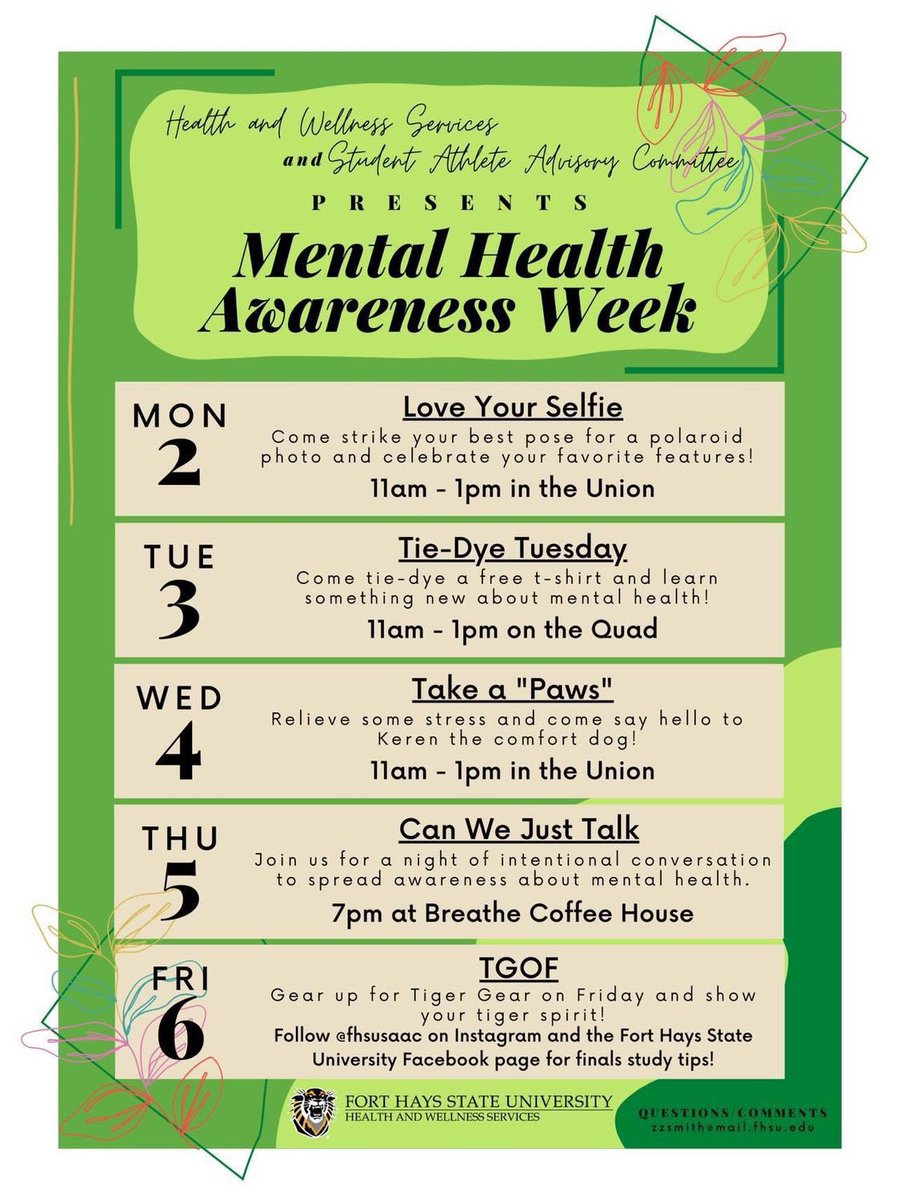 FHSUSAAC's tweet image. This week is Mental Health Awareness Week! Check out all the awesome events we have for this week!