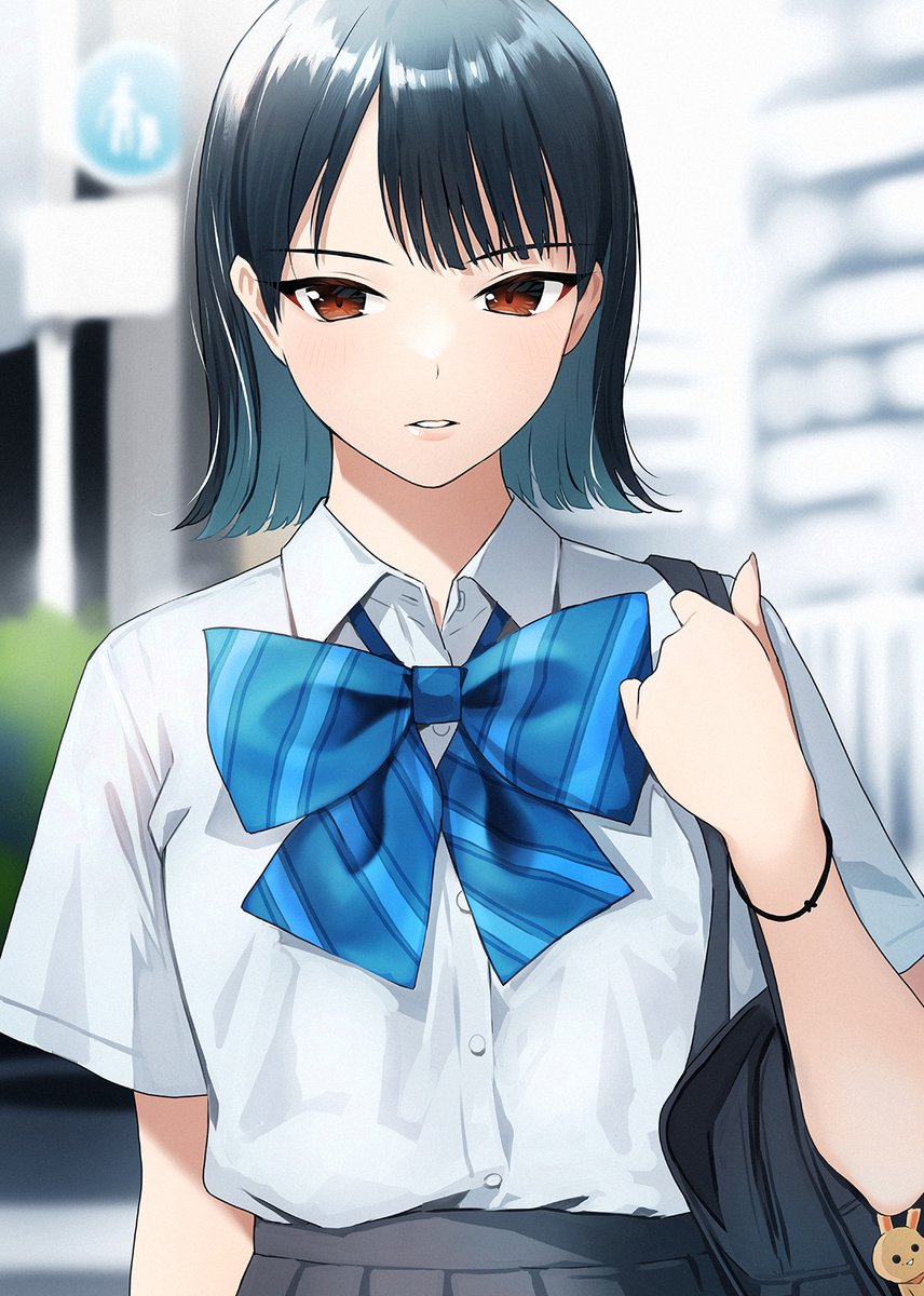 1girl solo bag school uniform bow blurry background black hair  illustration images