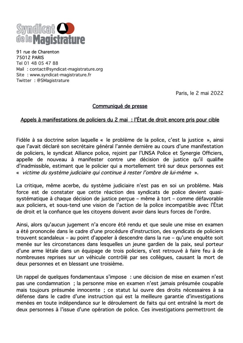 SMagistrature's tweet photo. Appels à manifestations de policiers aujourd’hui : l’État de droit encore pris pour cible.

Notre communiqué ⤵️ https://t.co/xHai93qVl3