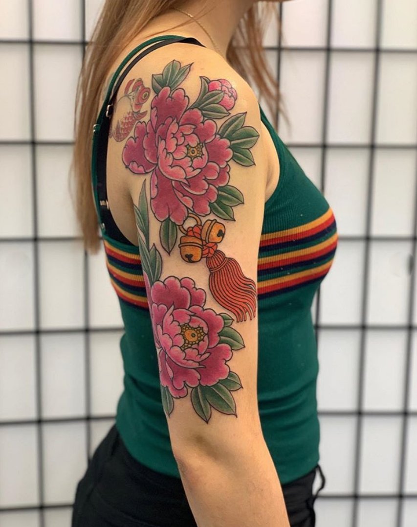 American Traditional Peony done by Sam at Good Heart Tattoos in  Springfield Illinois  rtattoo