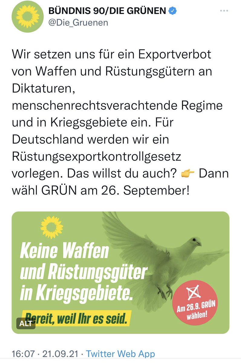Dr. Friedrich Pürner, MPH (@drpuerner) on Twitter photo Blöd gelaufen.
Wahlkampfwerbung am 21.09.21
👉Keine Waffen in Kriegsgebiete!
Realität u Wahrheit im April 2022.
👉Grüne sind für schwere Waffen in Kriegsgebiet!
Oder wussten die Grünen damals nicht, was ein Kriegsgebiet ist?
Das nennt man Wählertäuschung!
<a href="/ToniHofreiter/">Toni Hofreiter</a> Blöd gelaufen.
Wahlkampfwerbung am 21.09.21
👉Keine Waffen in Kriegsgebiete!
Realität u Wahrheit im April 2022.
👉Grüne sind für schwere Waffen in Kriegsgebiet!
Oder wussten die Grünen damals nicht, was ein Kriegsgebiet ist?
Das nennt man Wählertäuschung!
<a href="/ToniHofreiter/">Toni Hofreiter</a>