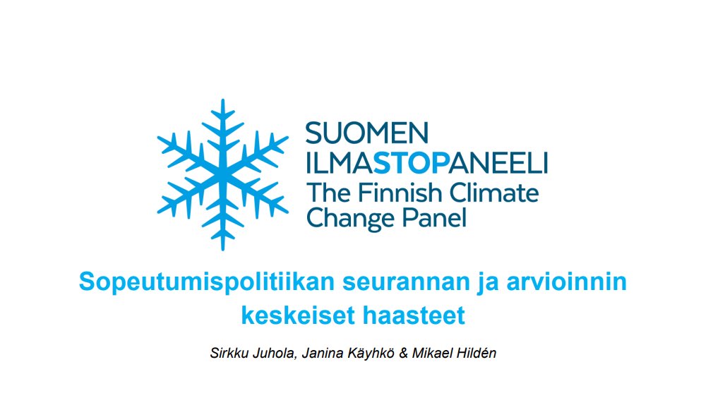 Mitä keskeisiä haasteita liittyy sopeutumispolitiikan seurantaan ja arviointiin?

Ilmastopaneelin tuoreeseen muistioon on koottu tietoa toimivista käytännöistä ja katsaus kansallisiin seurantajärjestelmiin.

👉 ilmastopaneeli.fi/wp-content/upl…

#ilmastonmuutos 
#sopeutuminen
#KISS2030