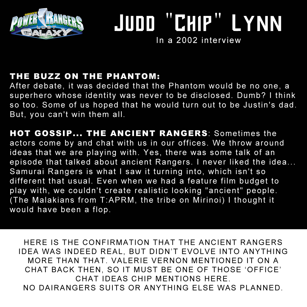 ListenAnyway's tweet photo. So here's confirmation the Lost Galaxy "Ancient Rangers" arc was JUST an idea. And no Dairanger suits were ever planned for those.
Chip's interview: https://t.co/I7Xwb1svnm

@denOfGeek info:
https://t.co/4UvcEN1PQR

#prlg #lostgalaxy #powerrangers #powerrangerslostgalaxy https://t.co/hDdL3euLfo