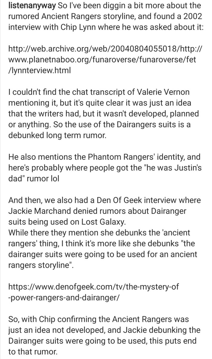 ListenAnyway's tweet photo. So here's confirmation the Lost Galaxy "Ancient Rangers" arc was JUST an idea. And no Dairanger suits were ever planned for those.
Chip's interview: https://t.co/I7Xwb1svnm

@denOfGeek info:
https://t.co/4UvcEN1PQR

#prlg #lostgalaxy #powerrangers #powerrangerslostgalaxy https://t.co/hDdL3euLfo
