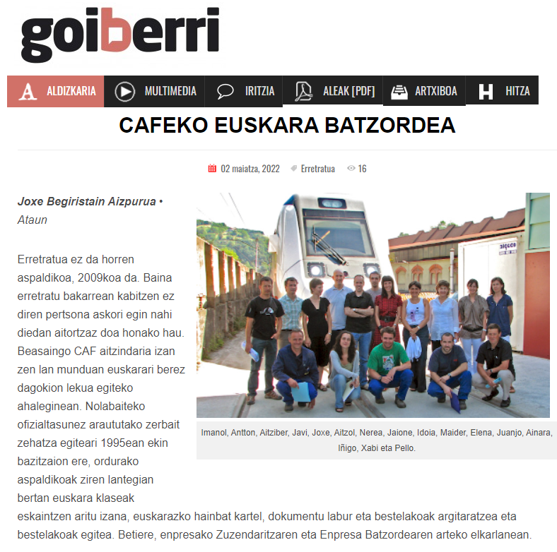 Elhuyar's tweet photo. CAFeko Euskara Batzordeari merezitako aitortza #Goiberri aldizkarian. Etenik ez, @JoxeBegiristain! Euskararen trenak aurrera jarraituko du zuk egindako bidetik. #EuskaraPlana #LanMundua
https://t.co/atvSQdpjWw https://t.co/KlRenOARDk