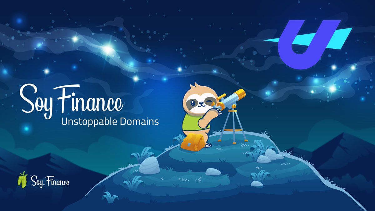 #Unstoppabledomains is integrated into Soy Finance 🌱

This allows a community of over 300 000 crypto-enthusiasts to take advantage of our #DeFi ecosystem! 

And because we believe that #blockchain should be unstoppable we have registered SoyFinance.x domain! 🚀

<a href="/unstoppableweb/">Unstoppable Domains</a>