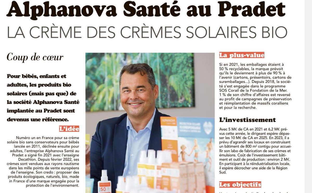 CCIduVar's tweet photo. Dans les colonnes de Var-matin, l'entreprise @AlphanovaFrance basée au Pradet, conçoit des soins cosmétiques bio et naturels, bons pour la planète 🌏
👉https://t.co/wuVJacUjzi [article #vareconews] https://t.co/wFdzrIQM5h