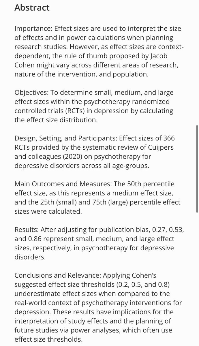 New preprint 🎉

Redefining Effect Size Interpretations for Psychotherapy RCTs in Depression

Cohen’s suggested effect size thresholds are a *fallback* for when the effect size distribution (ESD) is unknown. 

Here, we calculated the psychotherapy RCT ESD osf.io/erhmw/