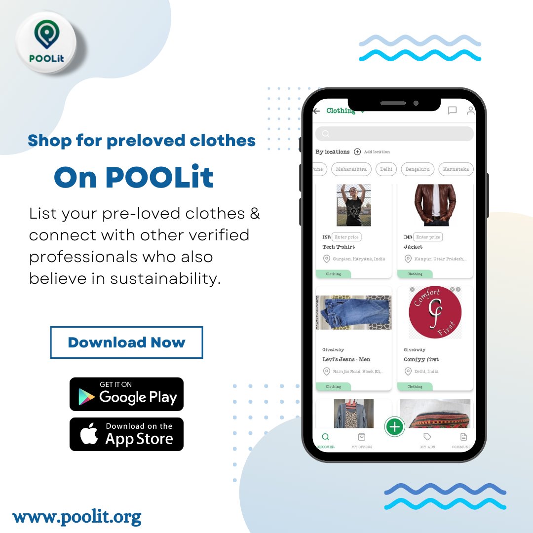 POOLitApp's tweet photo. Make your picks classy &amp; sustainable with pre-loved clothing. List your pre-loved clothing on POOLit Classifieds &amp; connect with like-minded verified professionals.
#prelovedclothes #secondhand #saveenvironment #recycleclothes #thrifting #repurposeclothing #sustainabilitytribe https://t.co/OrOgz9RiUm