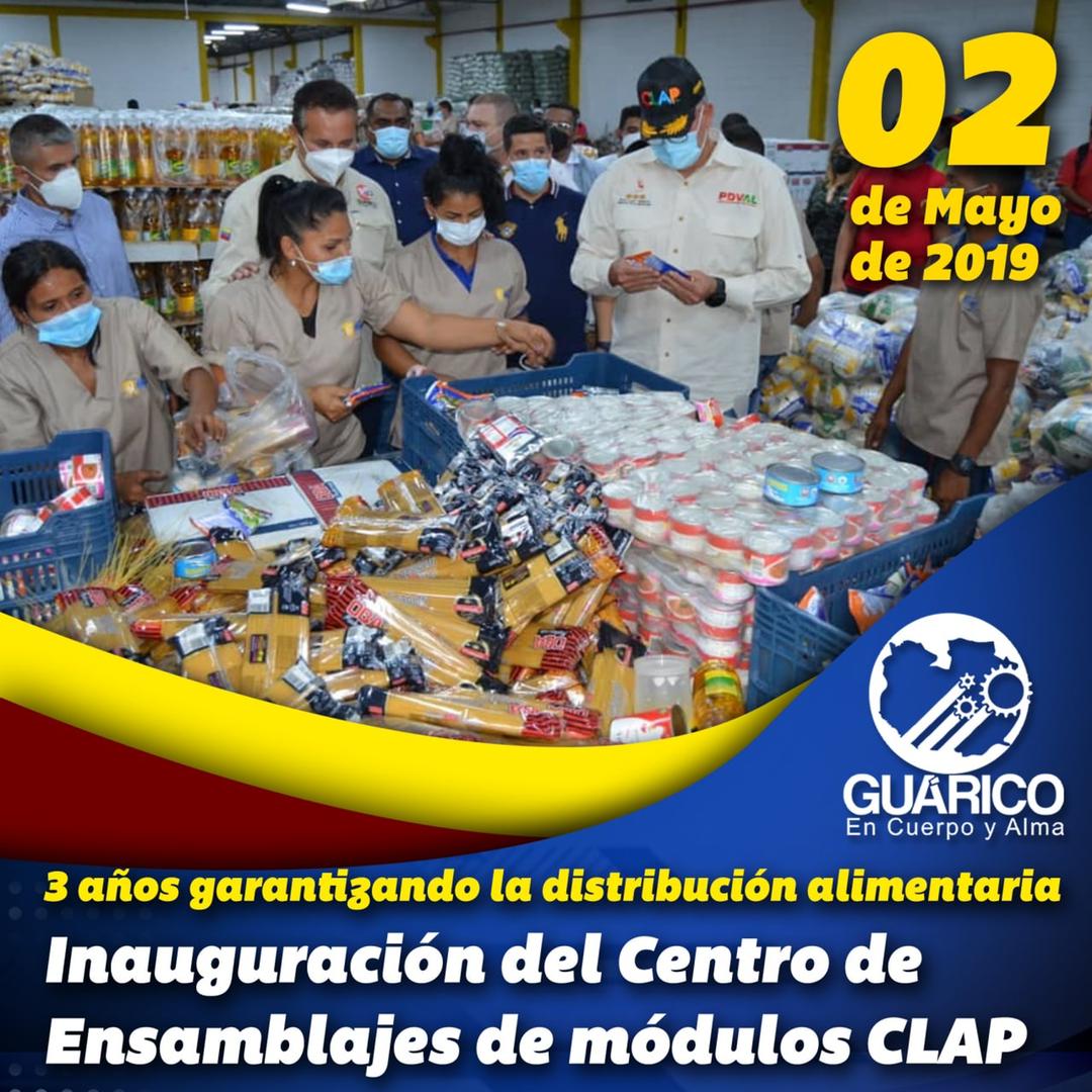 Hoy se cumplen 3 años de la Inauguración del Centro de Ensamblajes de módulos CLAP en el estado Guárico. Ha sido un trabajo constante para vencer el bloqueo económico y poder brindarle seguridad alimentaria a nuestro pueblo. 

¡Juntos venceremos!