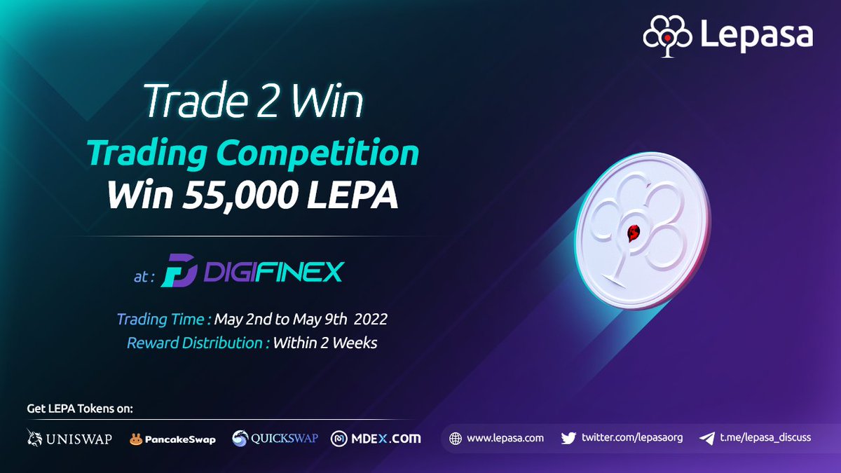 Lepasaorg's tweet photo. Win Lepa Tokens 🔥
Reward : 2500 USD worth of #LEPA Tokens
Winners : 2500
Duration : 2 - 9 May

Reward Distribution : Within 14 days
Participate https://t.co/6RTjJQ3QpT

@DigiFinex Trading Volume Competition :
Details: https://t.co/3DrQxlAo9Y
Register: https://t.co/rjTYasrrzh https://t.co/LksfCJnp0m