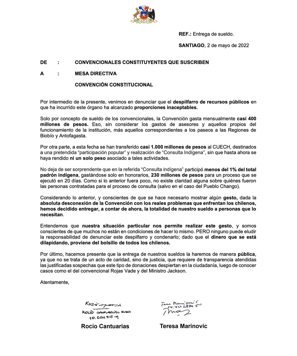 Tere Marinovic Vial (@tere_marinovic) on Twitter photo RECIÉN presentamos con <a href="/rocicantuarias/">Rocío Cantuarias</a>, este OFICIO a la CC denunciando el AUMENTO en su DESPILFARRO DE RECURSOS PÚBLICOS y nuestra DECISIÓN PERSONAL de ENTREGAR nuestros SUELDOS a contar de esta fecha RECIÉN presentamos con <a href="/rocicantuarias/">Rocío Cantuarias</a>, este OFICIO a la CC denunciando el AUMENTO en su DESPILFARRO DE RECURSOS PÚBLICOS y nuestra DECISIÓN PERSONAL de ENTREGAR nuestros SUELDOS a contar de esta fecha