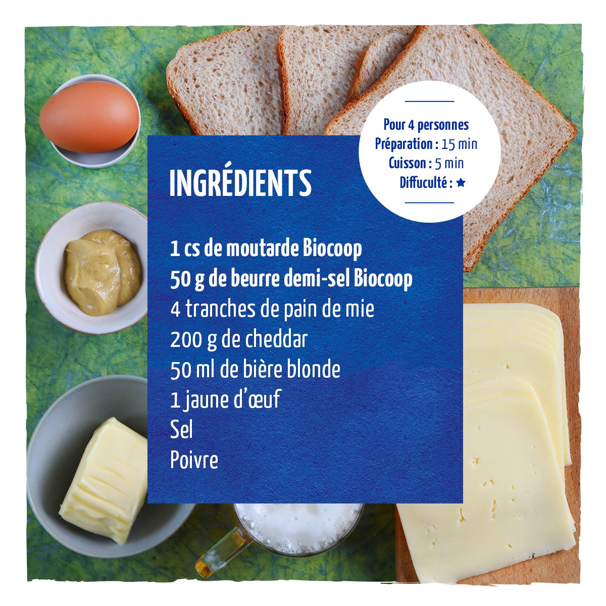 Biocoop66's tweet photo. [RECETTE]
Welsh rarebit
➡️ Niveau de difficulté : 1 étoile
➡️ Pour 4 personnes
➡️ Préparation : 15 min
➡️ Cuisson : 5 min
https://t.co/P5k2bgiB9B
#bio #biocoop #recette #PROMO https://t.co/enMcCPZUT4