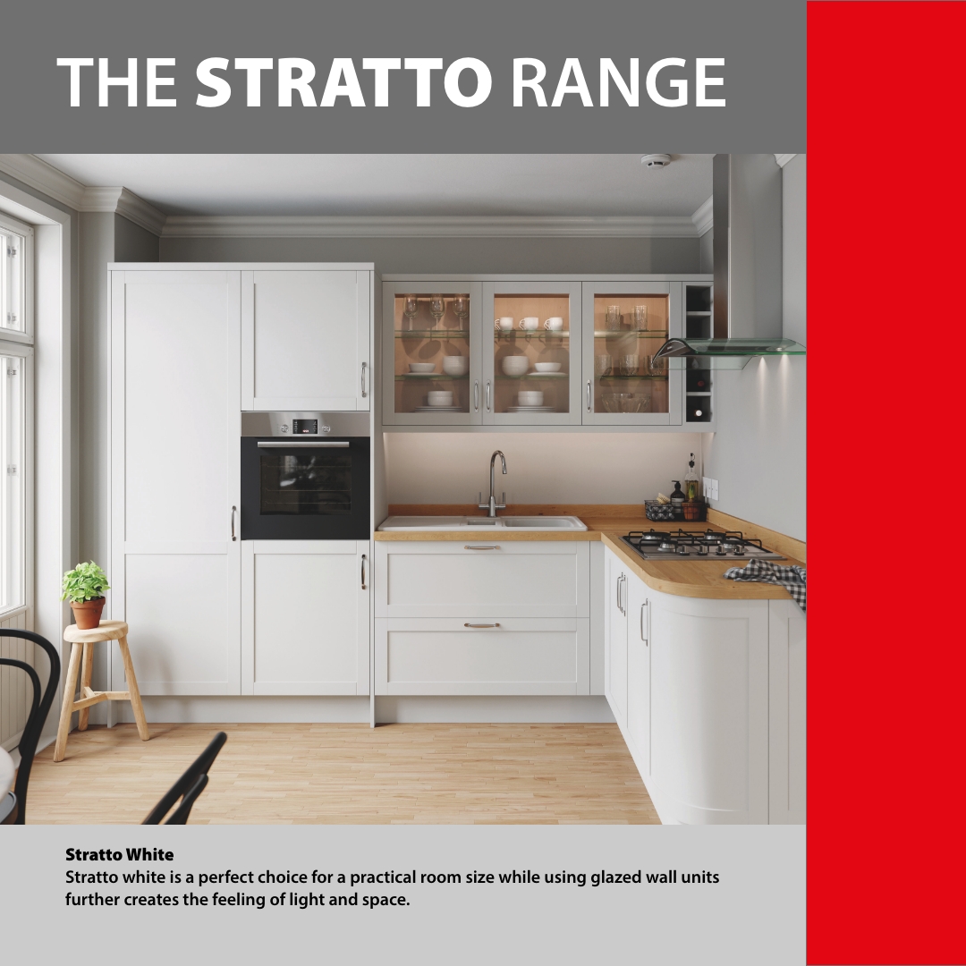 Stratto White is a perfect choice for a practical room size while using glazed wall units further creates the feeling of light and space. Get in touch today for a FREE quote &amp; 3D Design 
🌐  kitchensplusbathrooms.co.uk/request-a-quot…
📲 01912123456