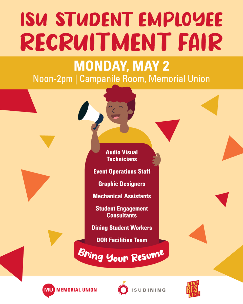 TODAY is the day! Stop by our summer hiring fair from noon - 2pm in the Campanile Room of the MU. We offer competitive pay rates, great experience and a fun work environment. Find your perfect summer job with us, <a href="/isudining/">Iowa State Dining</a> or @CycloneHome 😎